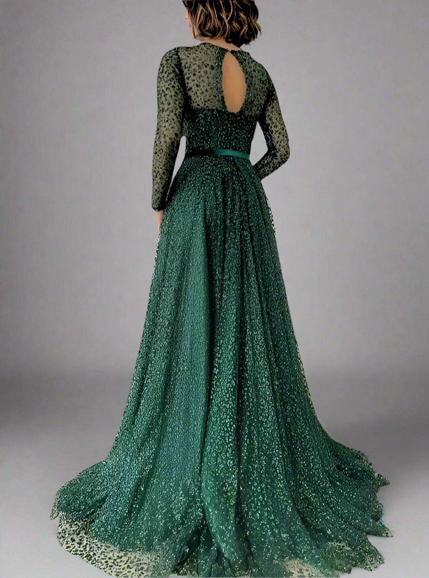 Woman from back wearingLIVIA formal dress, highlighting silhouette details and train.