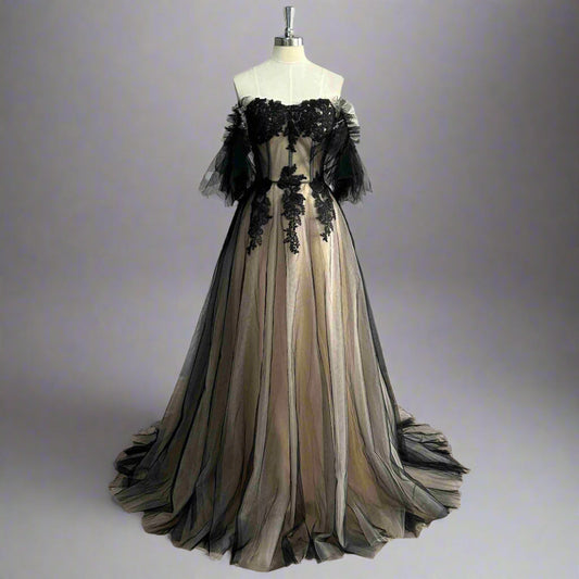 Full-length view of balck lace MALIKA Formal Dress with flowing A-line silhouette