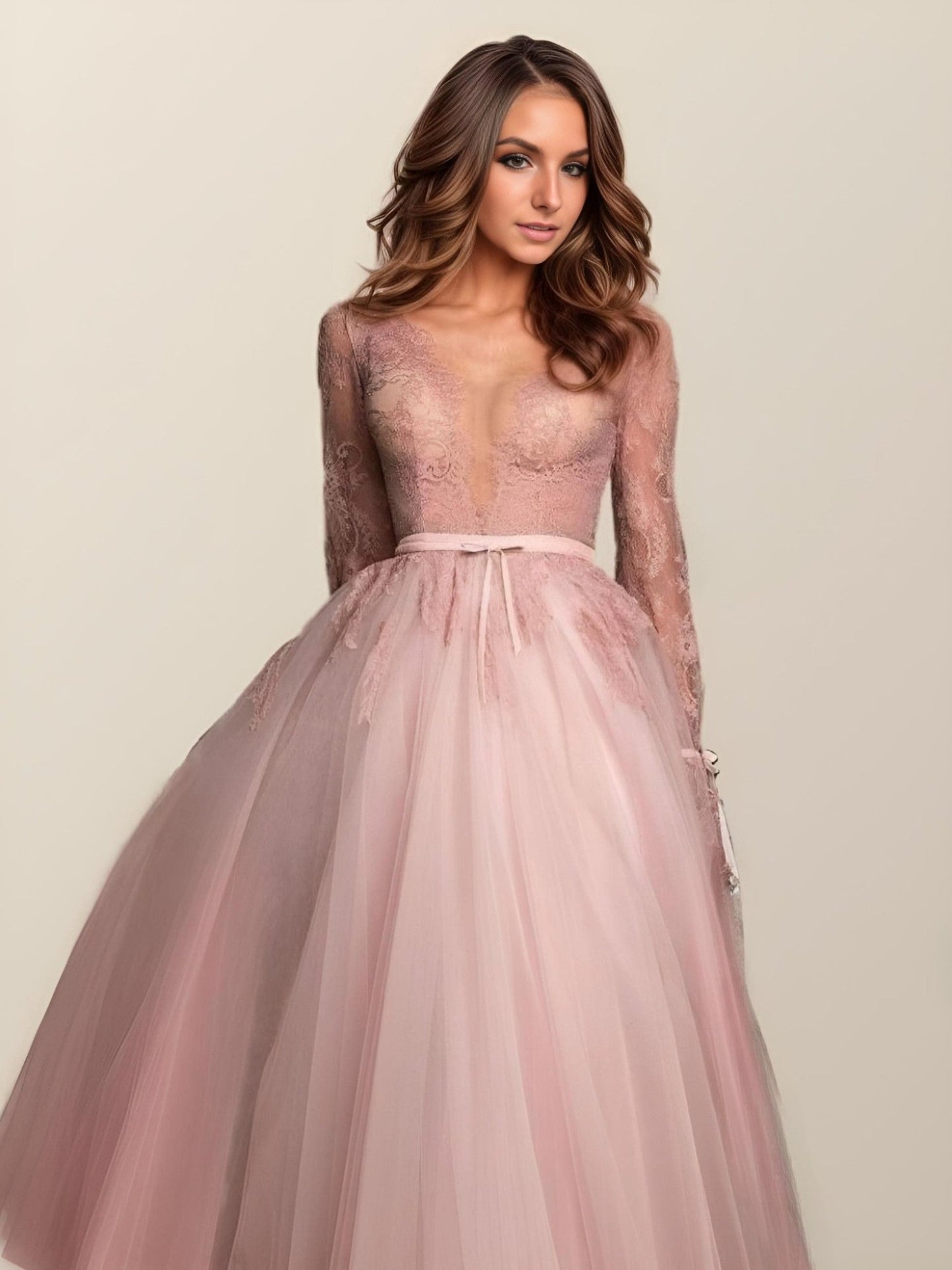 Close-up of the lace details on the Tulle Formal Dress with Lace bodice.