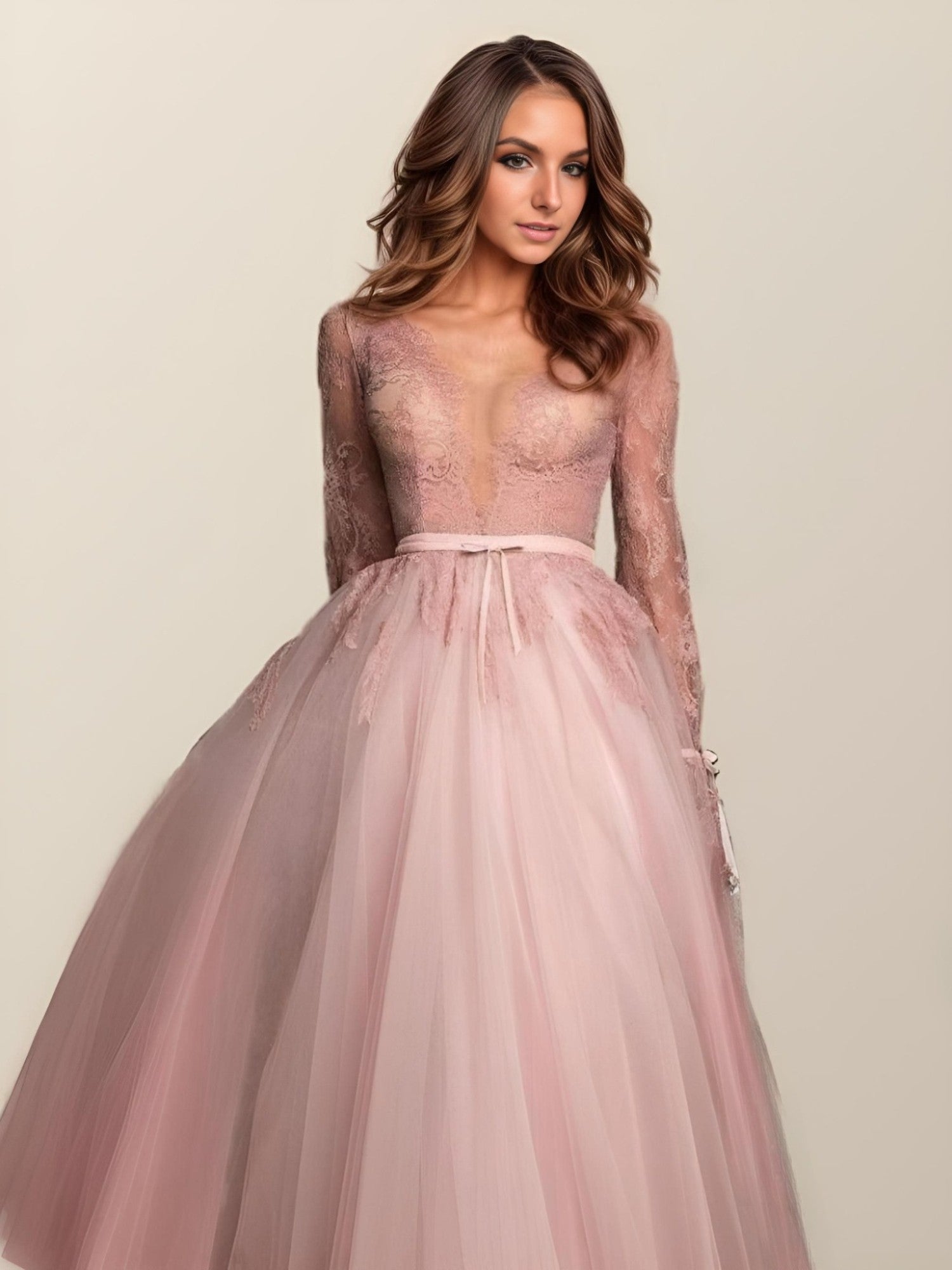 Close-up of the lace details on the Tulle Formal Dress with Lace bodice.
