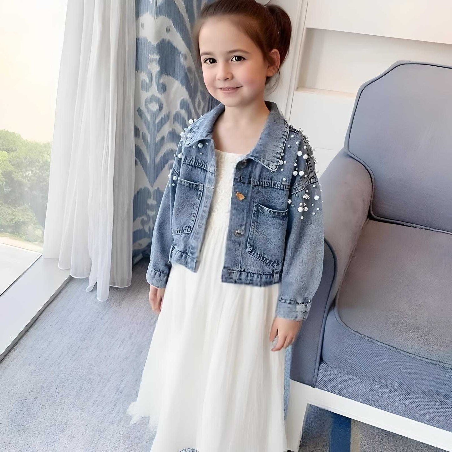 Young girl in a white dress and denim jacket standing in a grey room with a patterned curtain.
