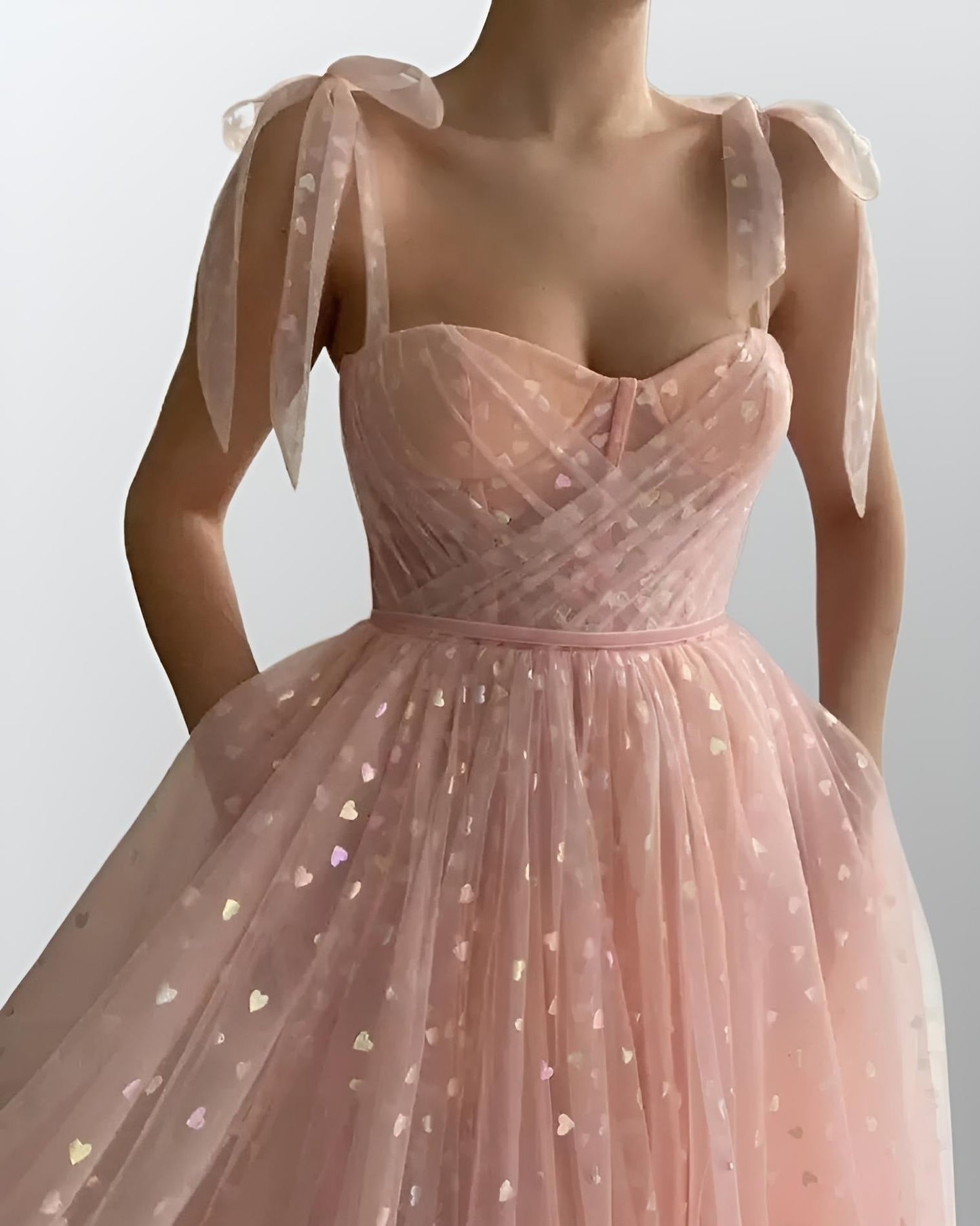 Detail of the heart tulle bodice on PETRA formal dress