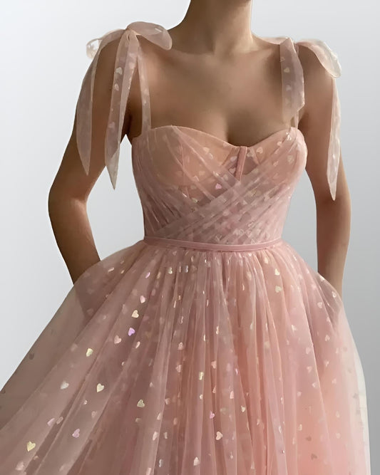 Detail of the heart tulle bodice on PETRA formal dress