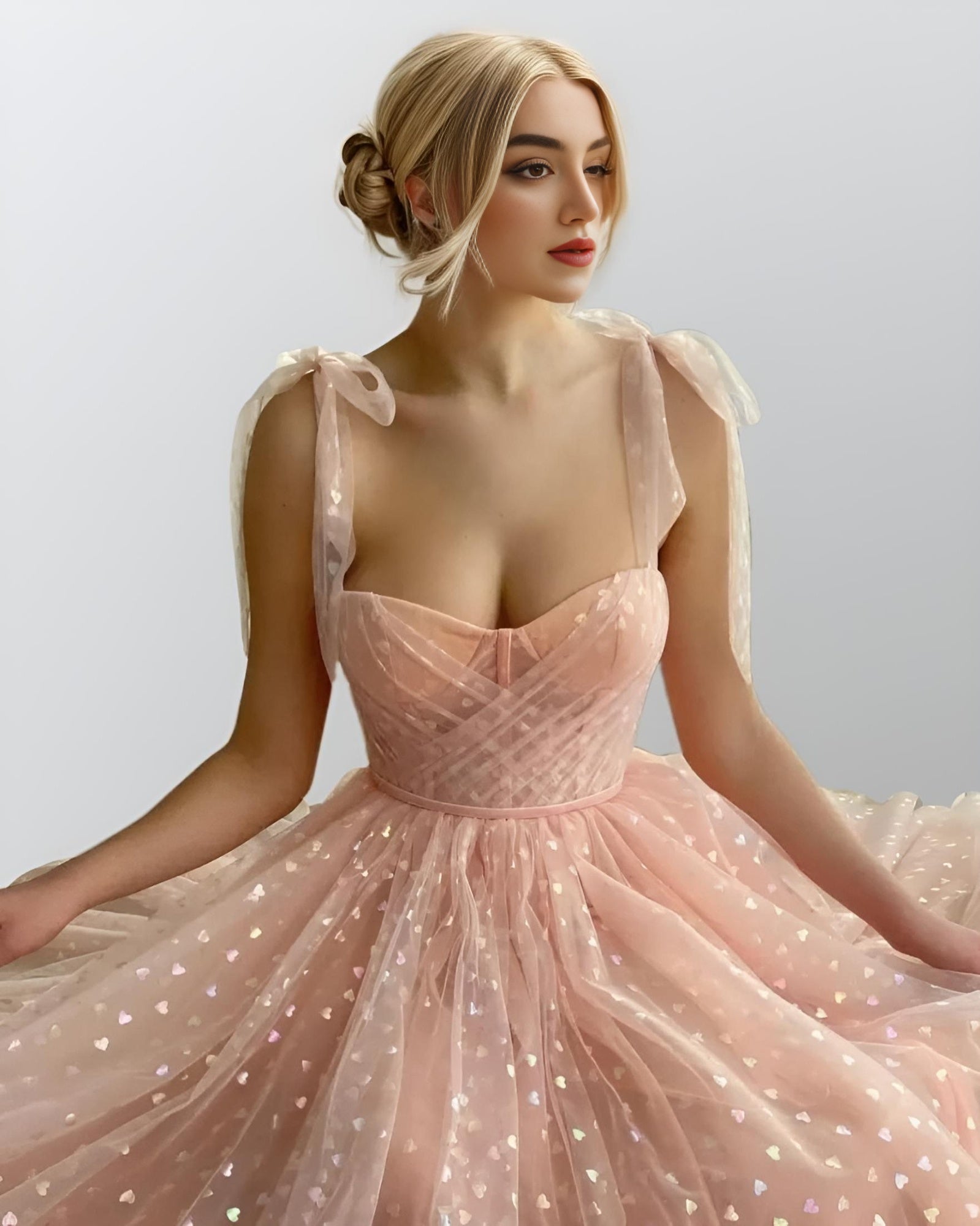 Detail of the heart tulle fabric on PETRA formal dress