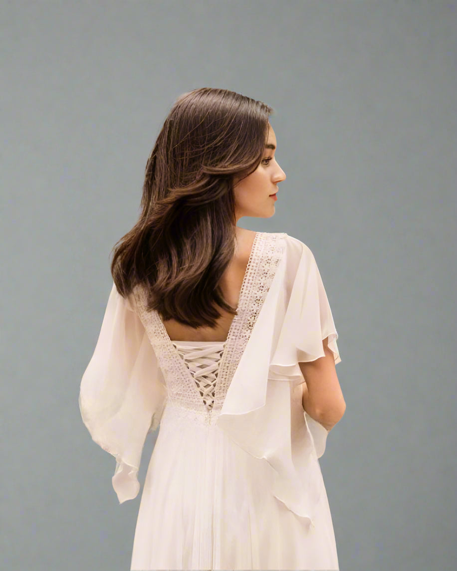 Back details of lace up back on Rowan maternity wedding gown