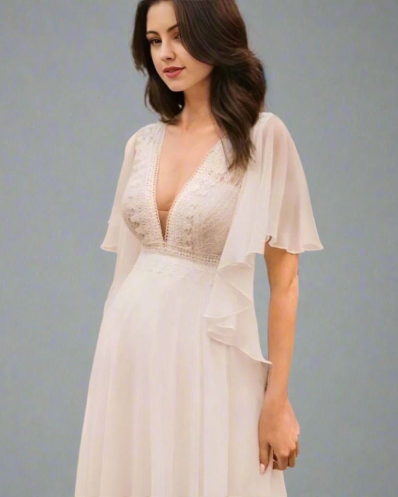 Pregnant bride in boho chiffon wedding gown