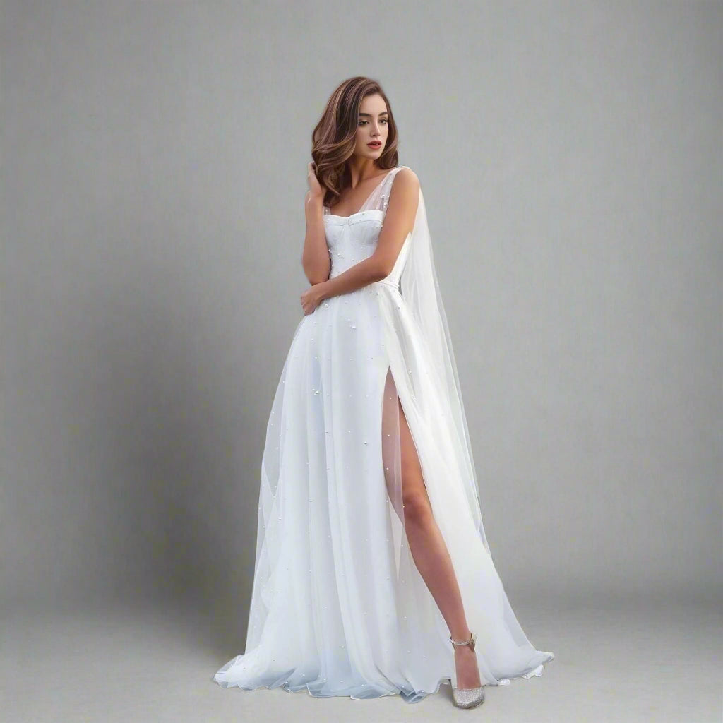 SADIE Wedding Dress | Elegant Bridal Gown with Pearls & High Slit Lula Bridal SADIE Wedding Dress | Elegant Bridal Gown with Pearls & High Slit Lula Bridal