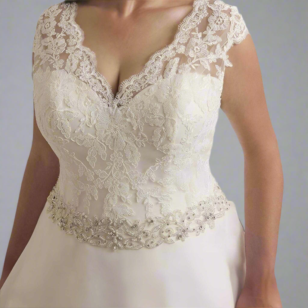 Close-up of intricate lace and beading on SALMA wedding dress bodice.