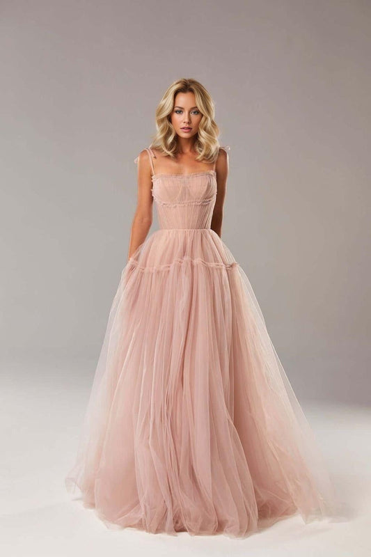 Full-length view of pink SARKA A-line tulle gown with pleated bodice, no train