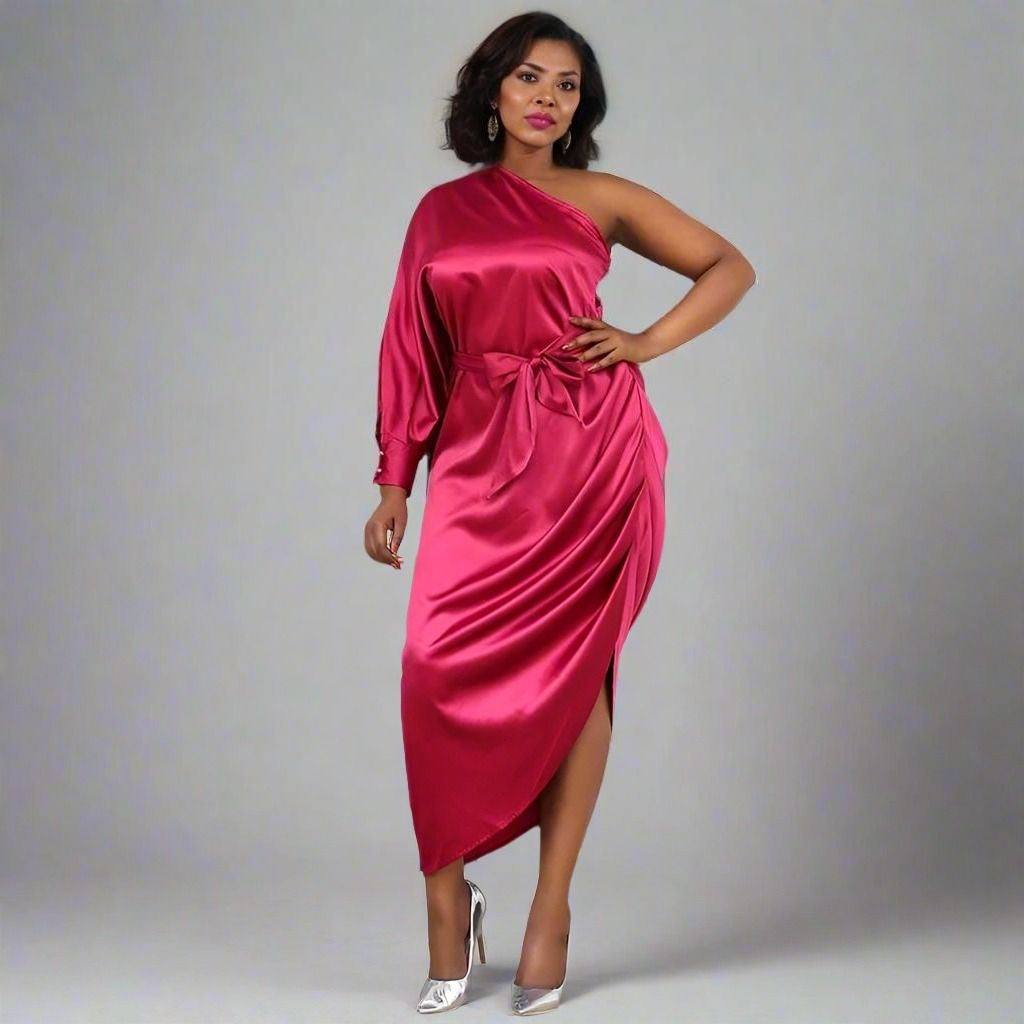 Mother of the bride wearing the SASKIA Formal Dress with one-shoulder and long sleeve.
