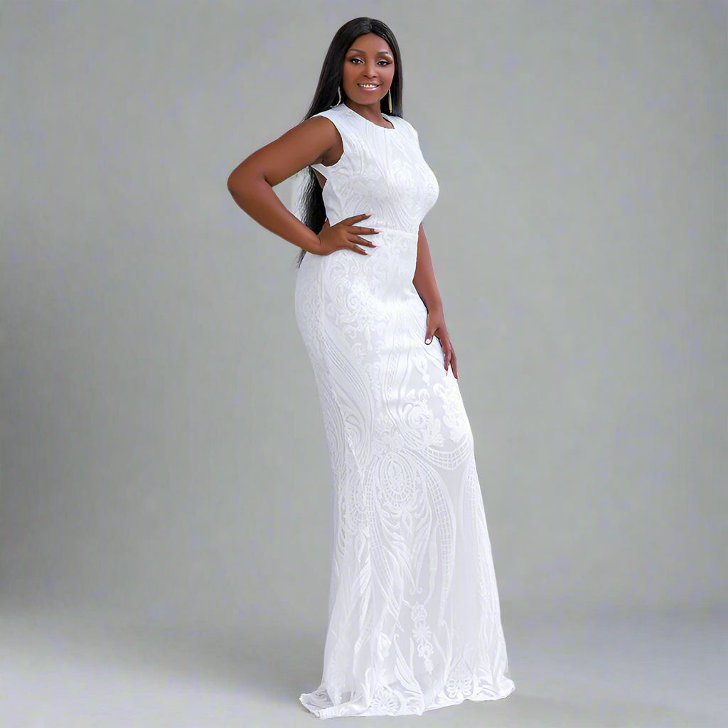 Side profile of the SHELLEY gown highlighting its elegant curve-hugging fit.