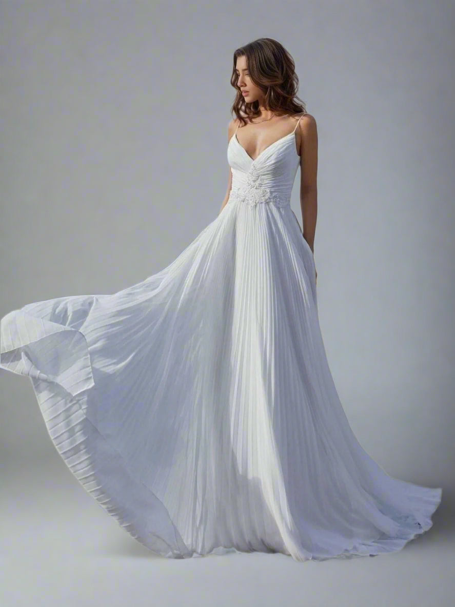 Bride twirling in the Shyla Wedding Dress, showcasing its light, airy movement.