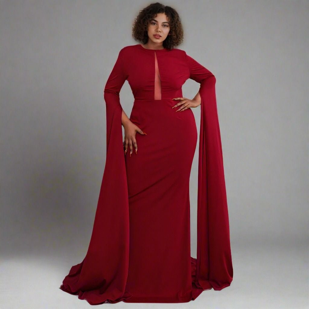 Woman i burgundy red Sonya Formal Dress with keyhole neckline and floor length sweep sleeves.