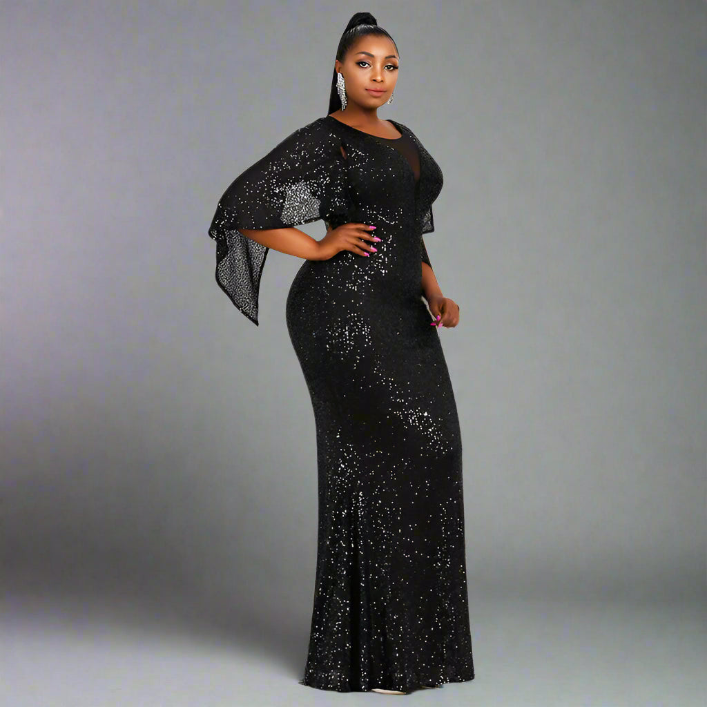 Side view of a plus-size woman in the Stacey Evening Dress, emphasizing the figure-hugging mermaid shape.