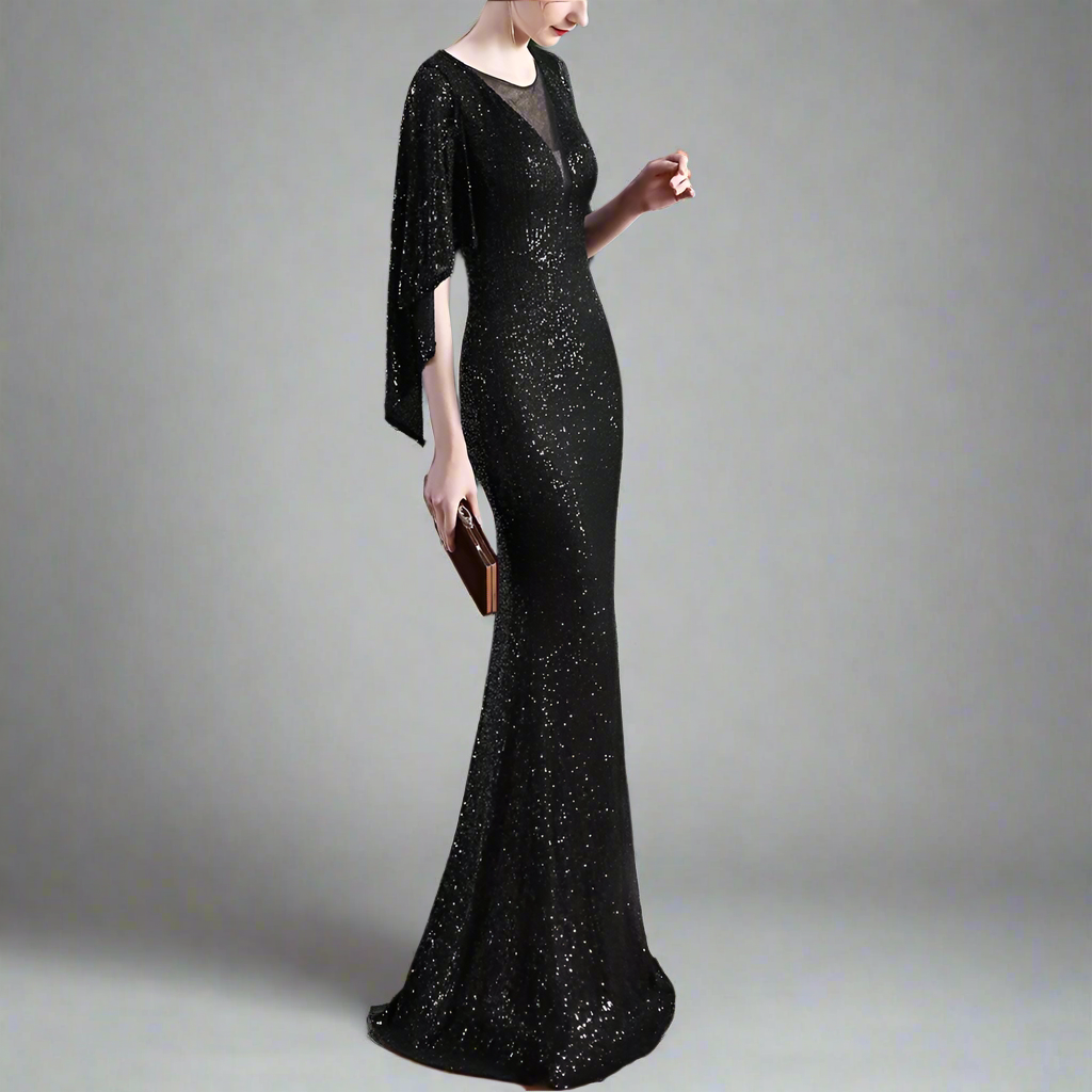 Woman wearing a black elegant mermaid sequin dress holding a clutch.