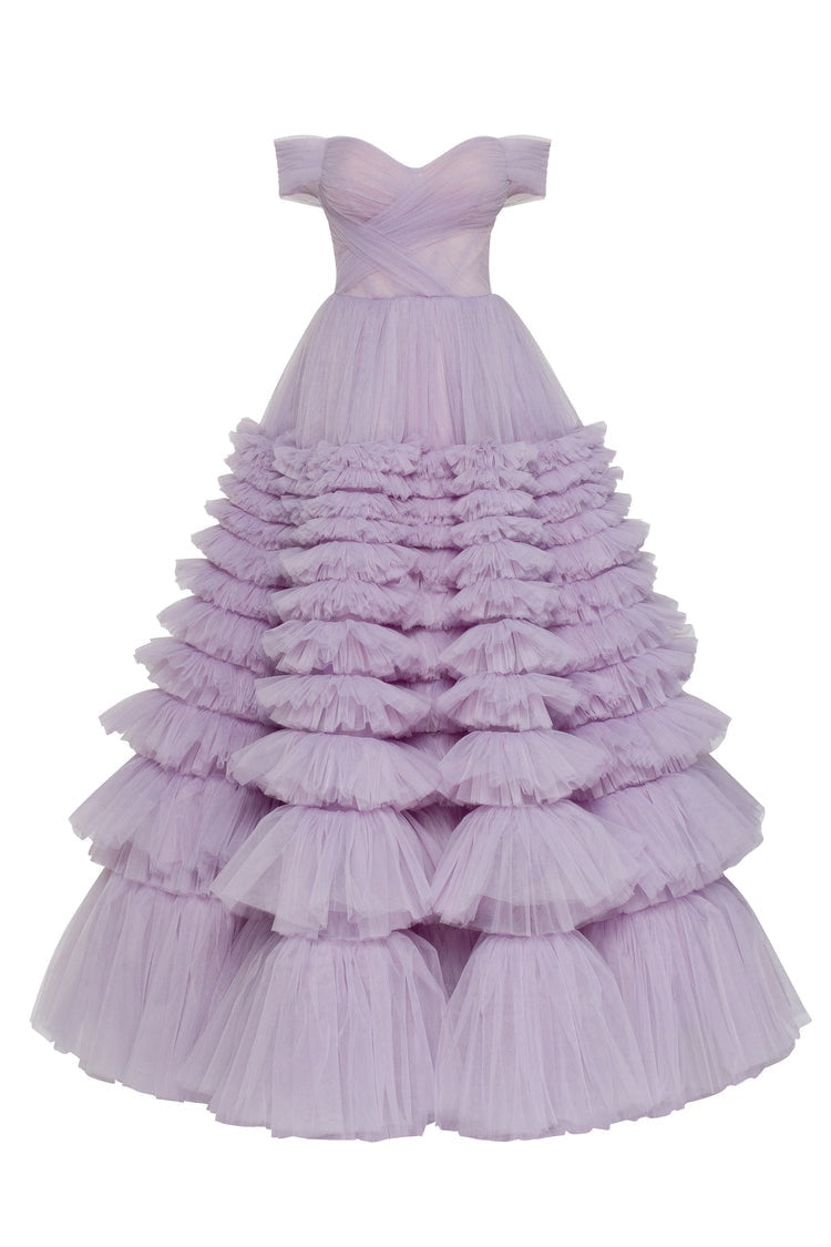 Front view of lavender ruffled Formal Dress, showcasing sweetheart neckline and tiered ruffles