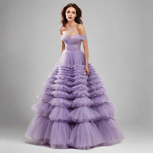 Front view of lavender Formal Dress on a brunette, showcasing sweetheart neckline and tiered ruffles