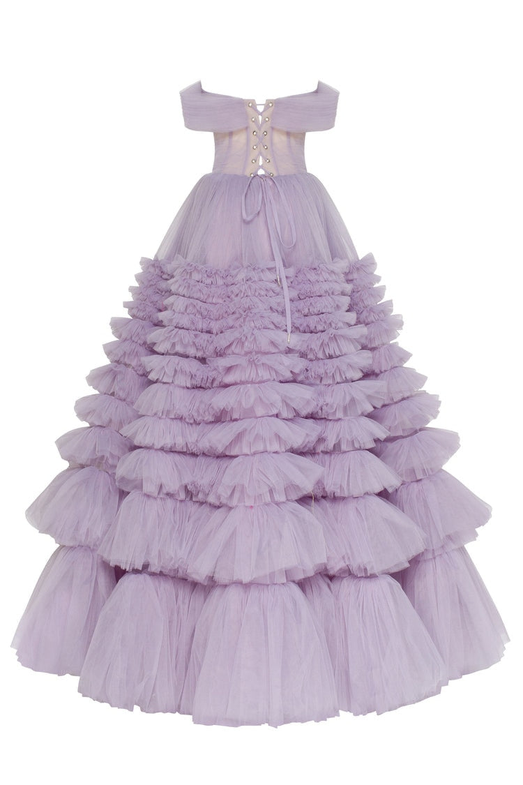 Back view of ruffled lavender Formal Dress, highlighting lace-up closure