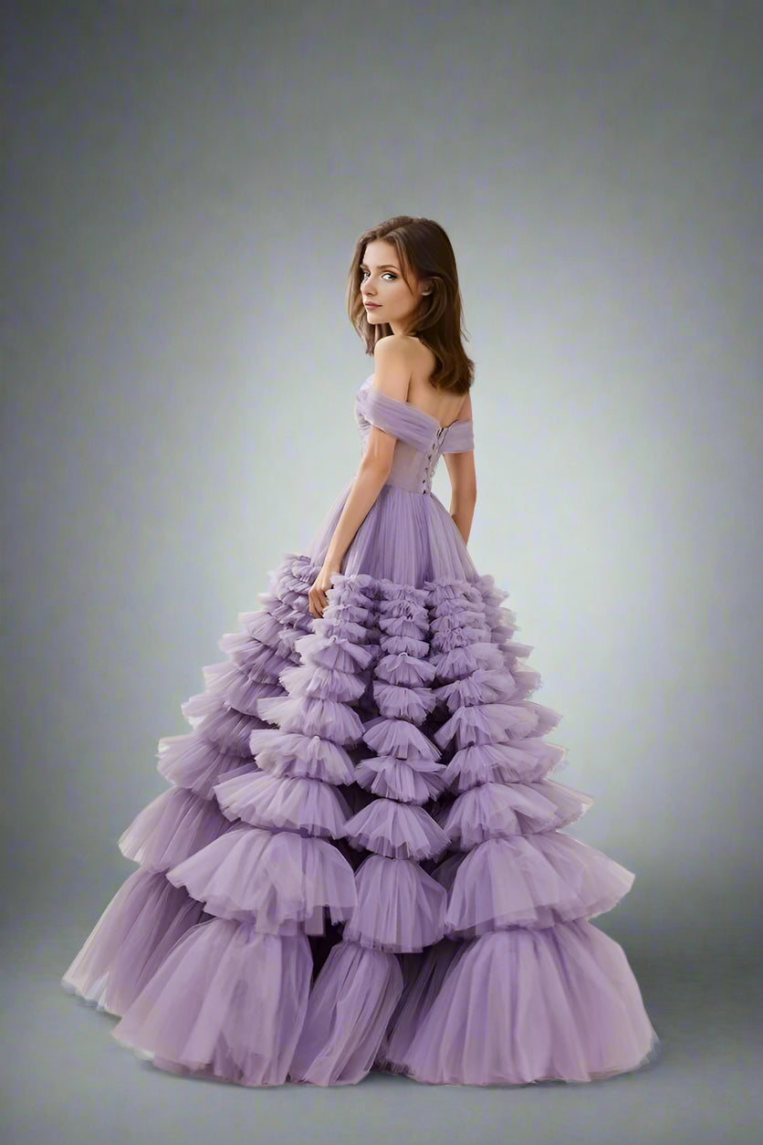 Back view of lavender TRISHA Formal Dress on a brown haired woman, highlighting lace-up closure and sweep train