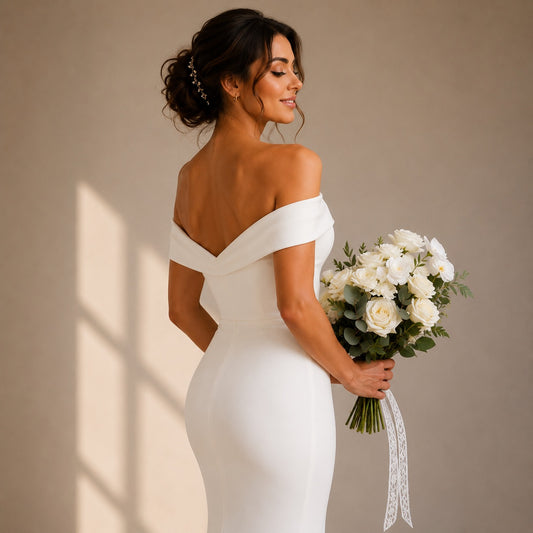 A woman in a white off-the-shoulder wedding gown shown from the back, holding a bouquet of white roses and green foliage, against a warm beige wall with soft window shadows.
