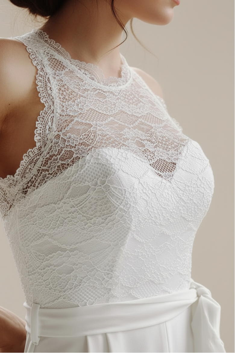 White lace top worn by a person with blurred background