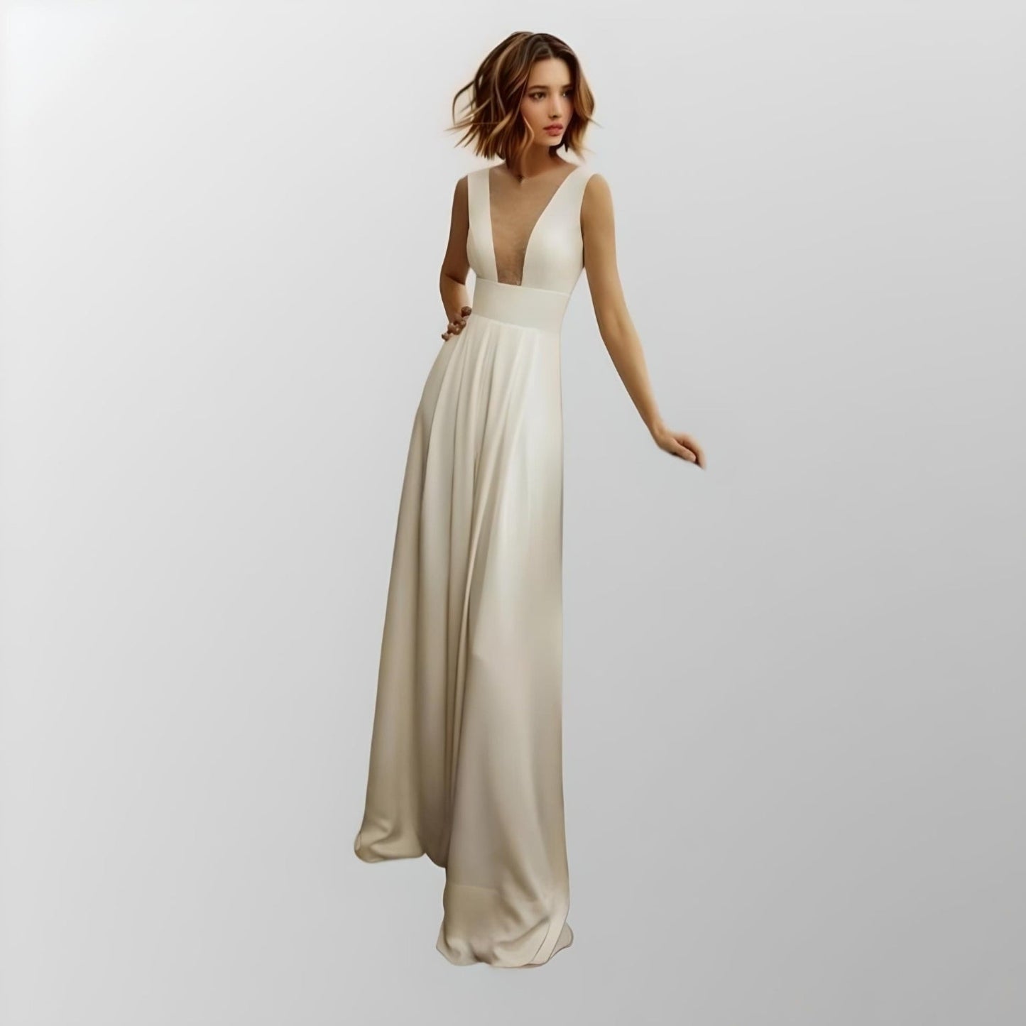 Front view of charming LUNA Wedding Jumpsuit with deep V-neckline