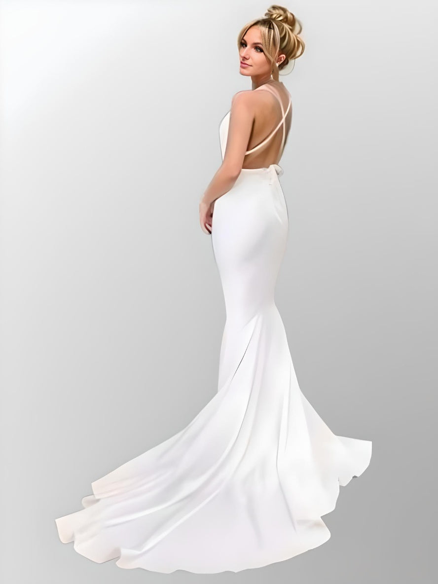 Elegant backless and deep V-neck silhouette of LYNETTE Wedding Dress