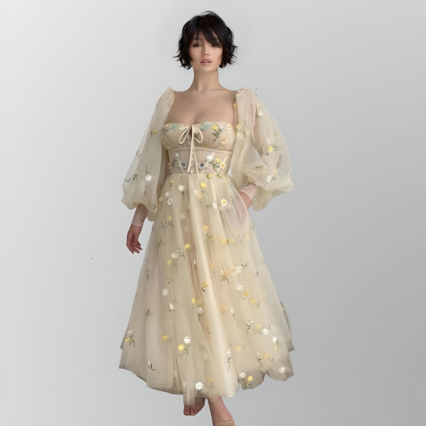 Woman champagne wearing MADISON Formal Dress with floral embroidery