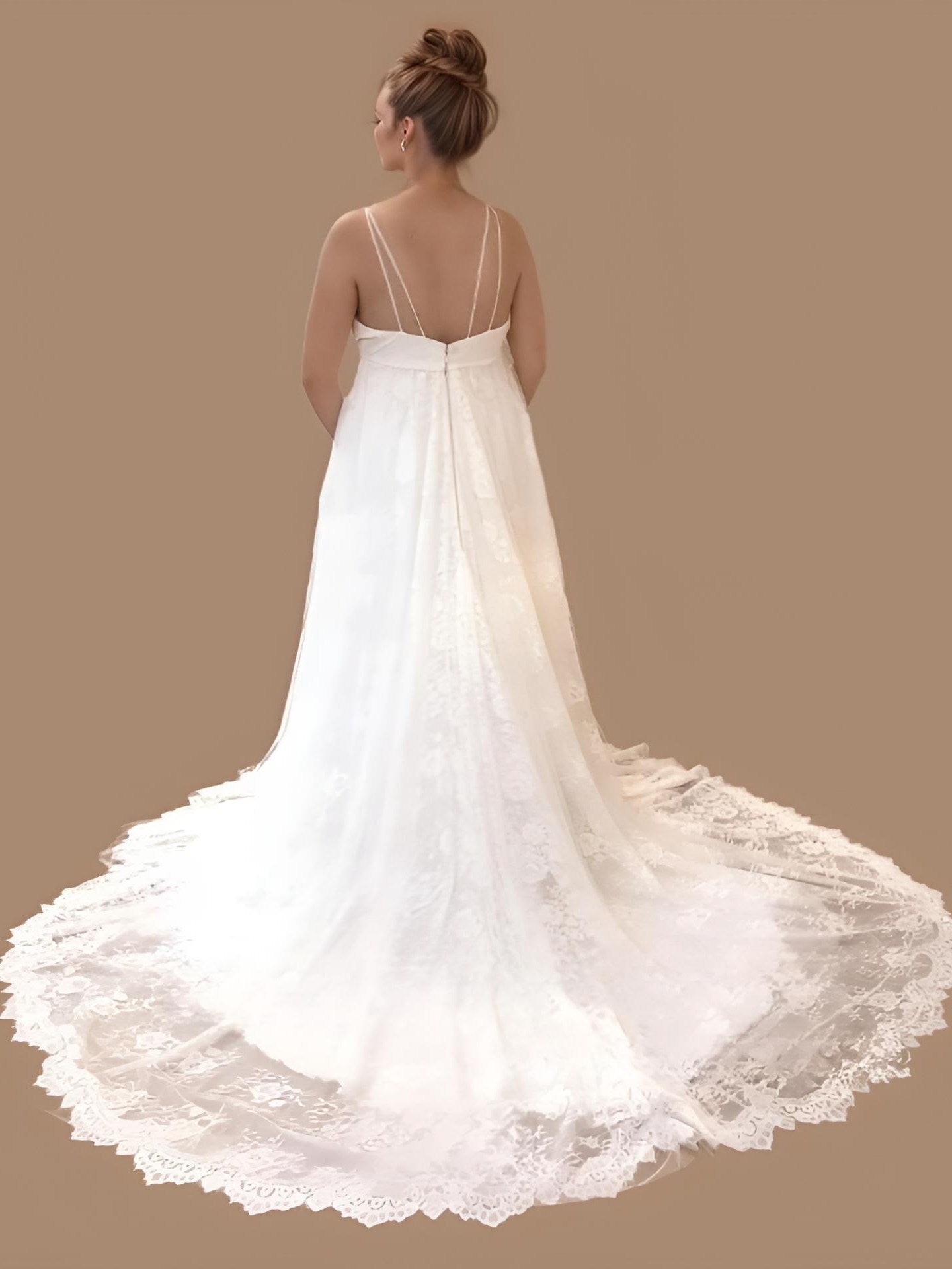 Back View of expectant mother in Romantic Lace Maternity Wedding Gown with full lace train and double spaghetti straps.