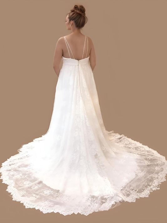 Back View of expectant mother in Romantic Lace Maternity Wedding Gown with full lace train and double spaghetti straps.