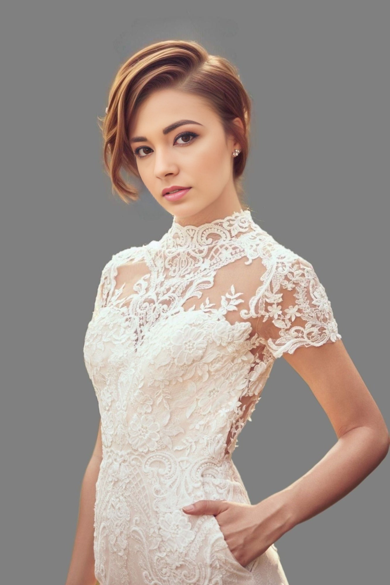 Bride posing in short sleeve MAGDALENA Wedding Jumpsuit