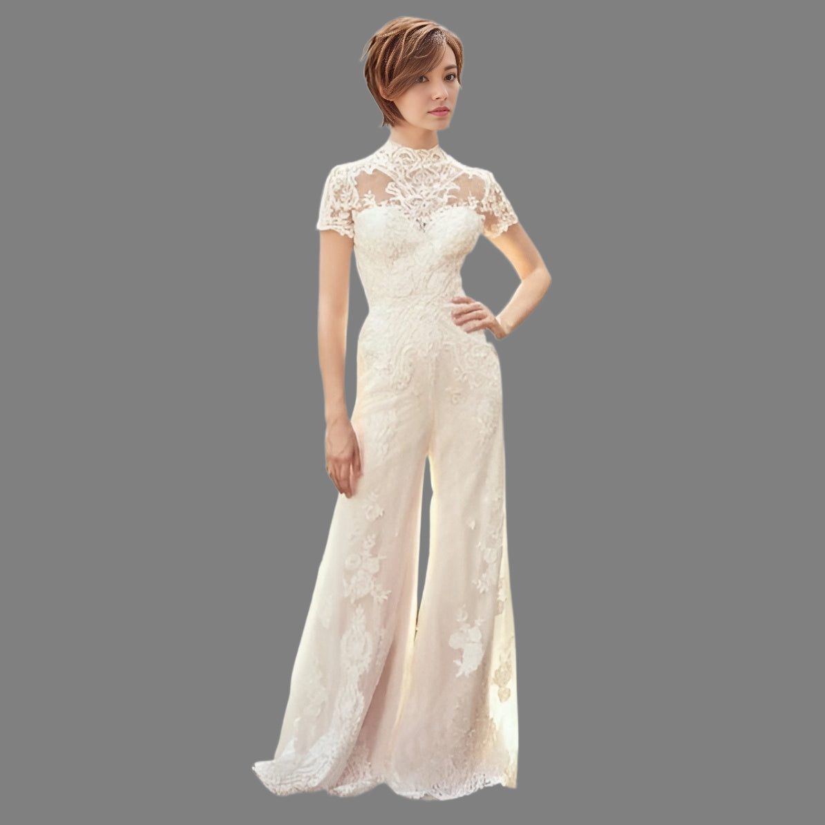 Bride wearing MAGDALENA Wedding Jumpsuit with vintage style