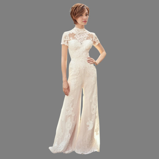 Bride wearing MAGDALENA Wedding Jumpsuit with vintage style