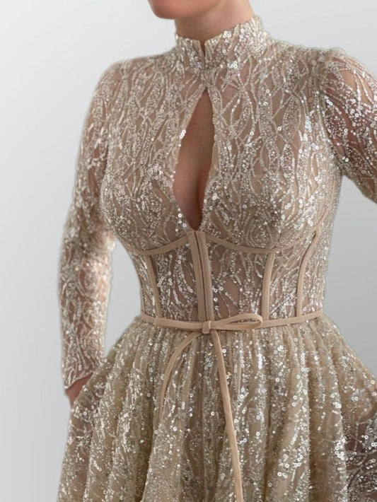 Close-up of sequins, bodice and bow details on MARIE Formal Dress