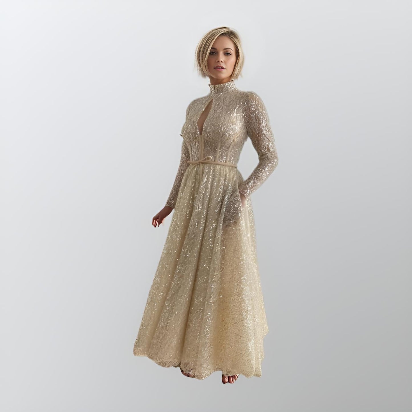 Woman wearing MARIE Formal Dress with sequin details