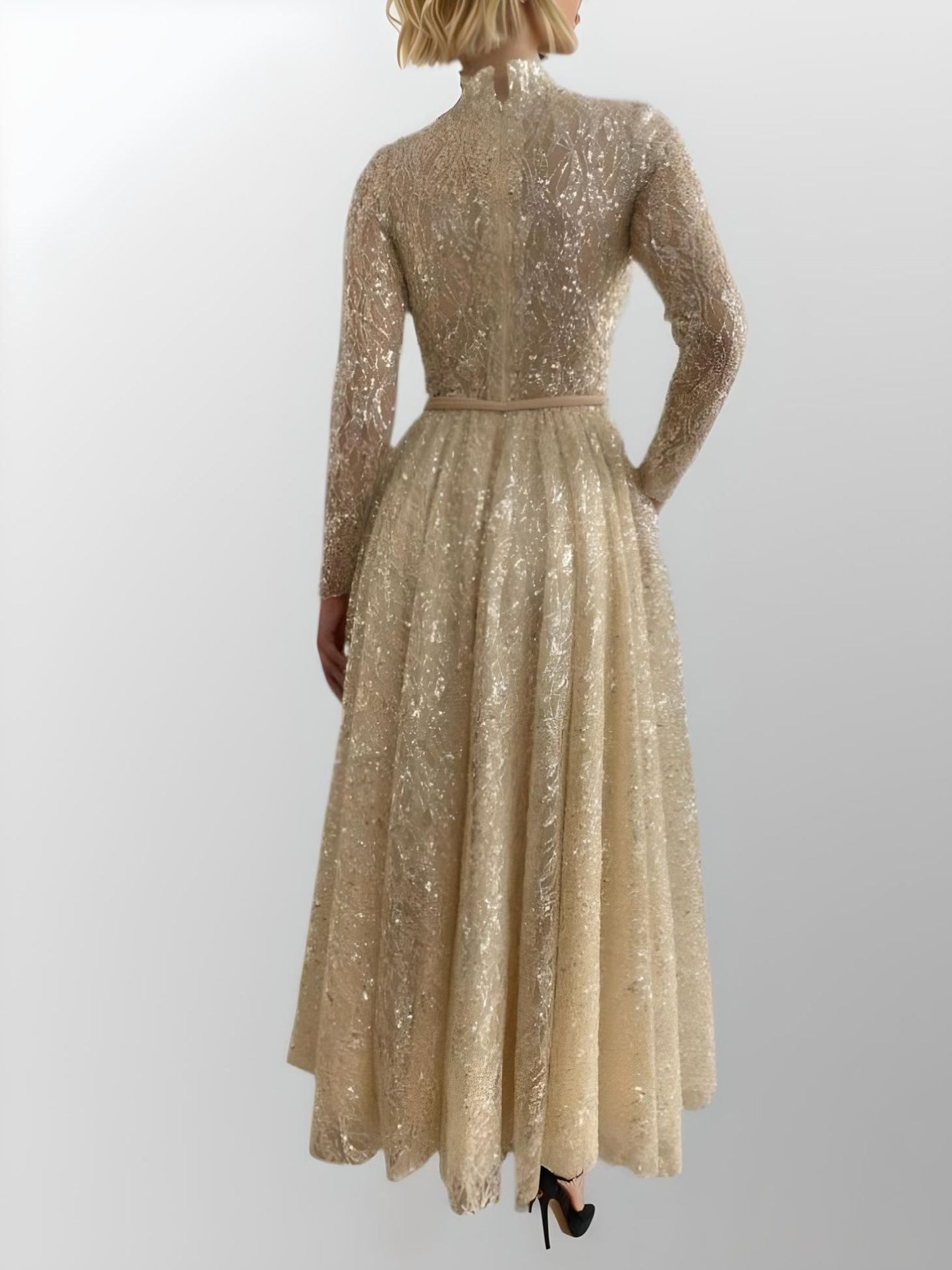 Woman showcasing MARIE A-line tea-length dress with long sleeves from back