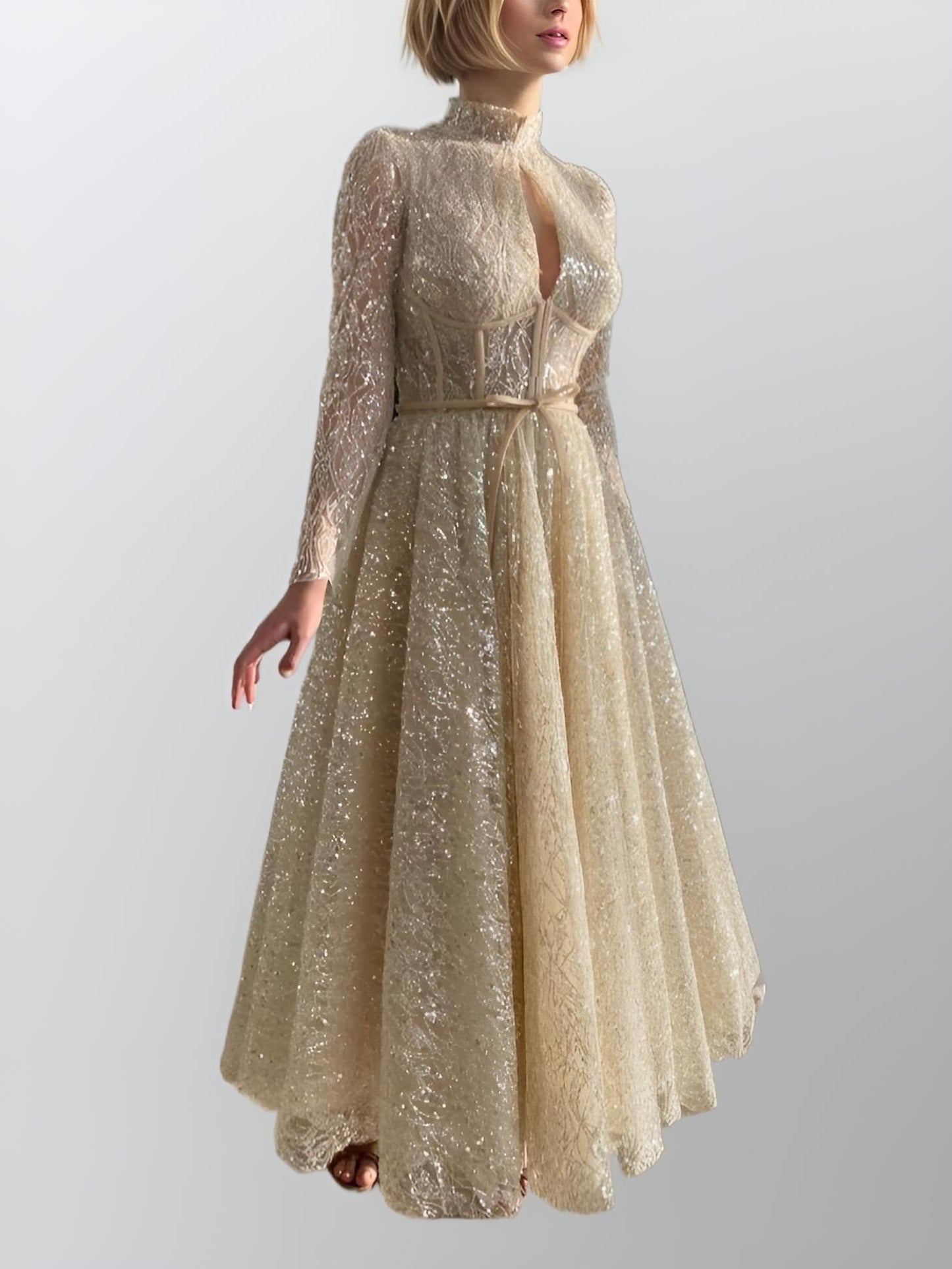 Woman twirling in MARIE Formal Dress with pockets and ribbons