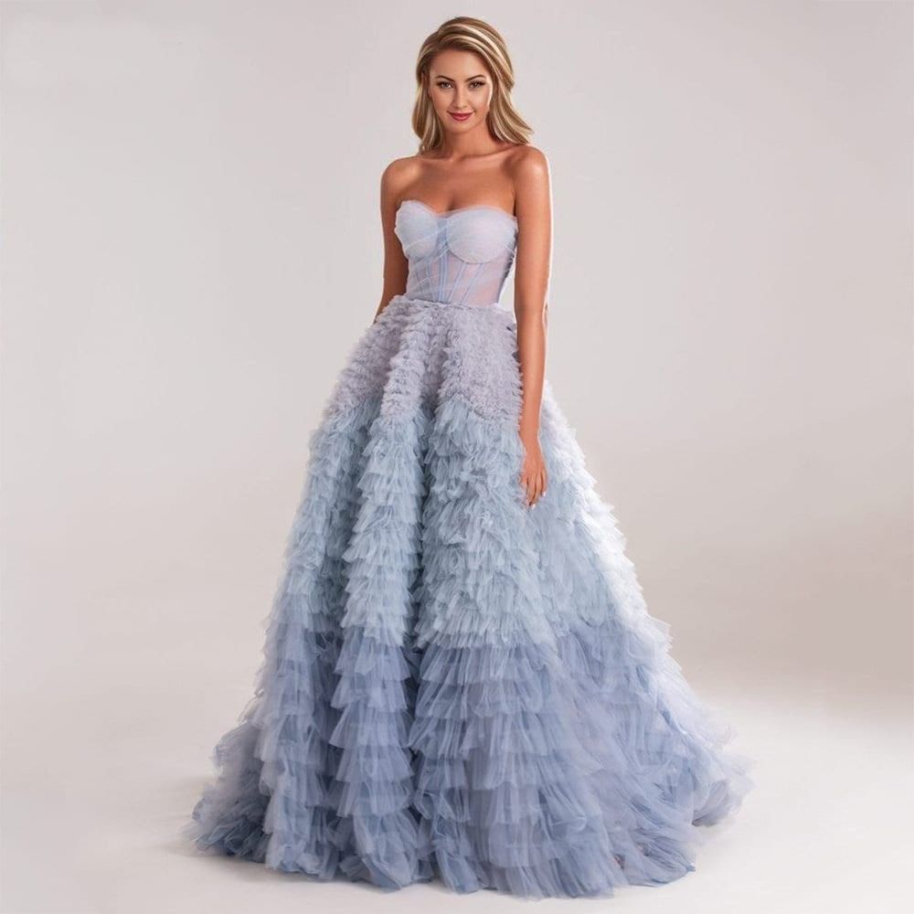 Woman wearing MARY Formal Dress with blue ombre effect