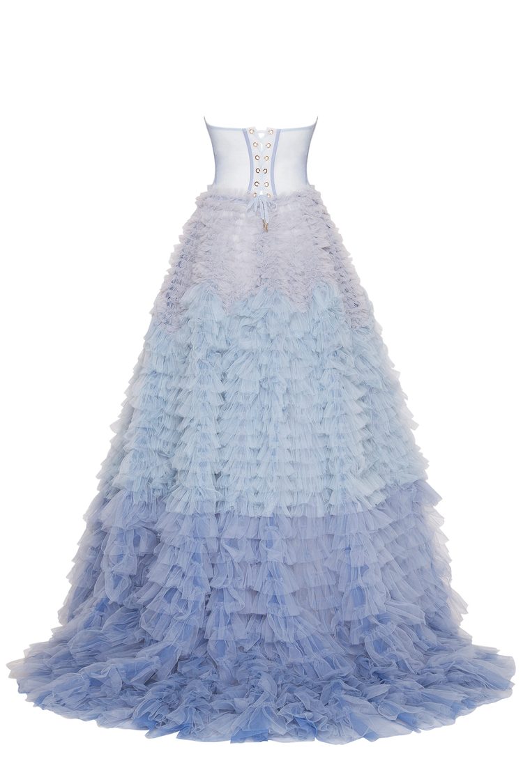 Detail of lace up back in MARY Formal Dress with blue ombre effect