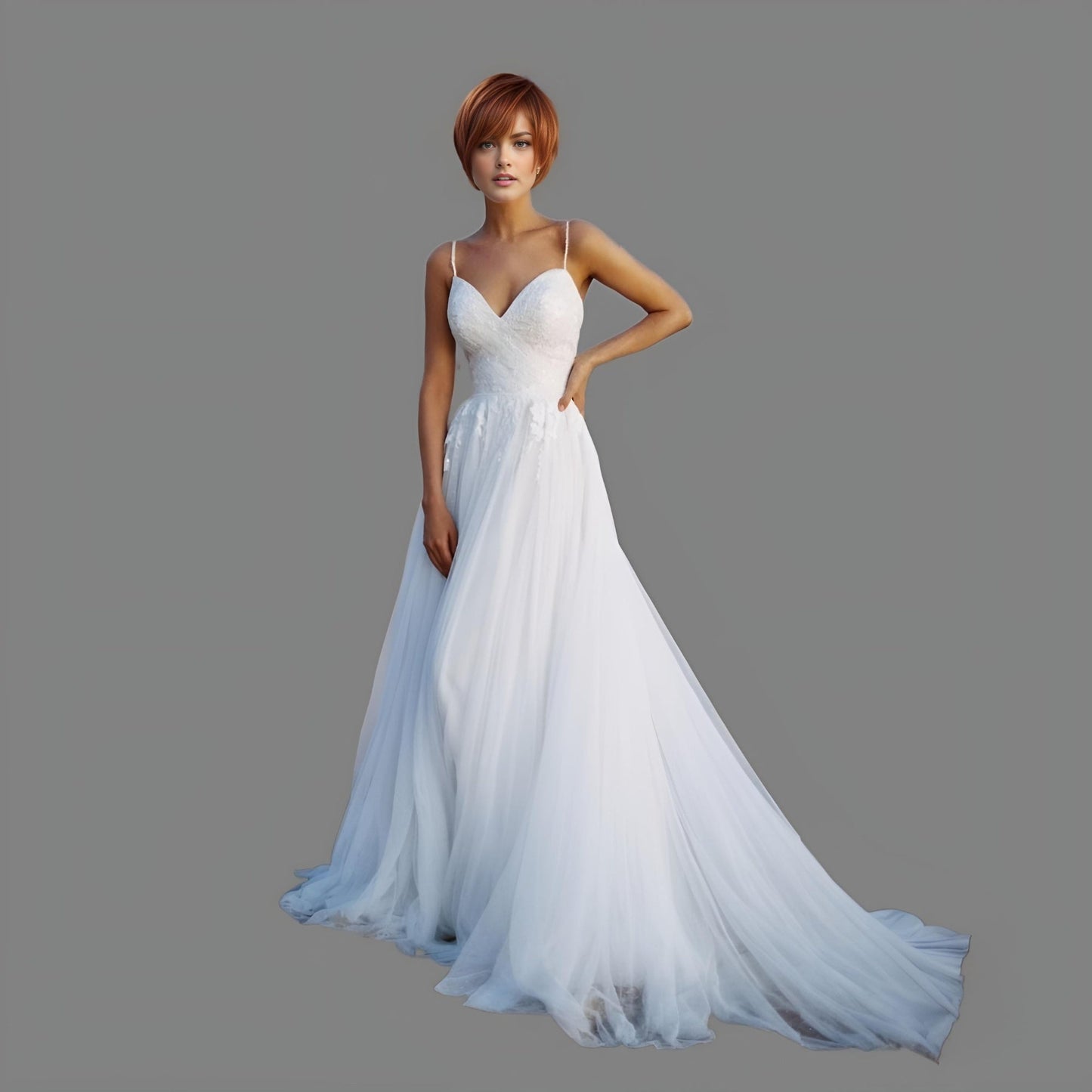 Bride wearing MAYRA Wedding Dress with deep V-neckline