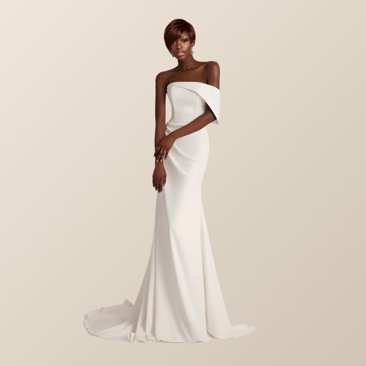 Bride wearing MEGHAN Wedding Dress with one-off-the-shoulder neckline