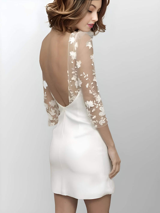 Back view of MEREDITH backless mini wedding gown