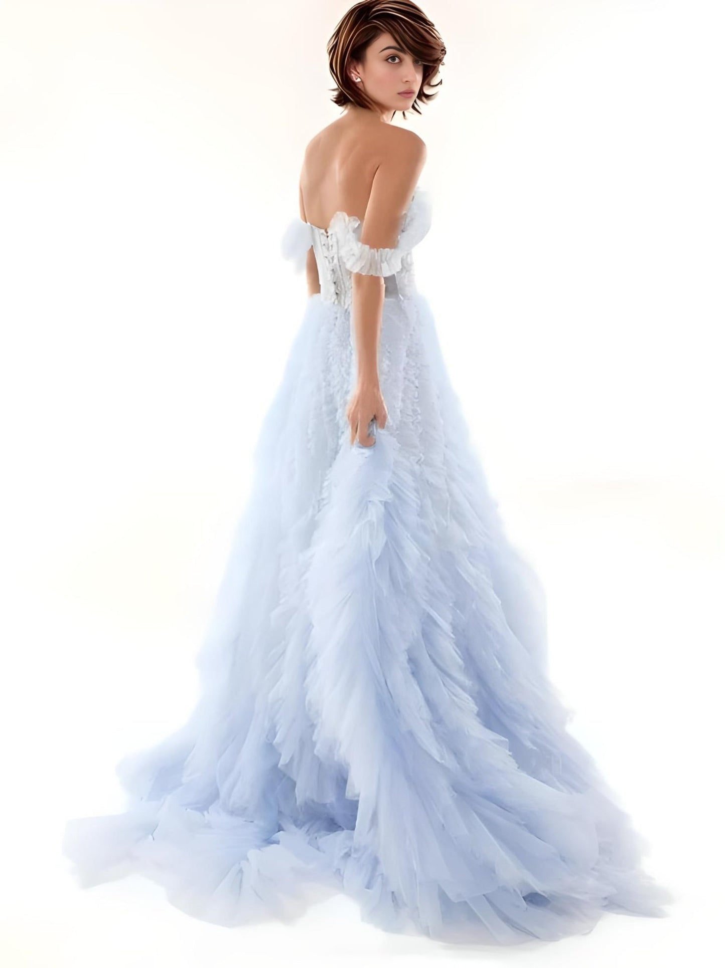 Back view of MILA Evening Gown in light blue color showcasing elegant off-the-shoulder neckline and lace up back