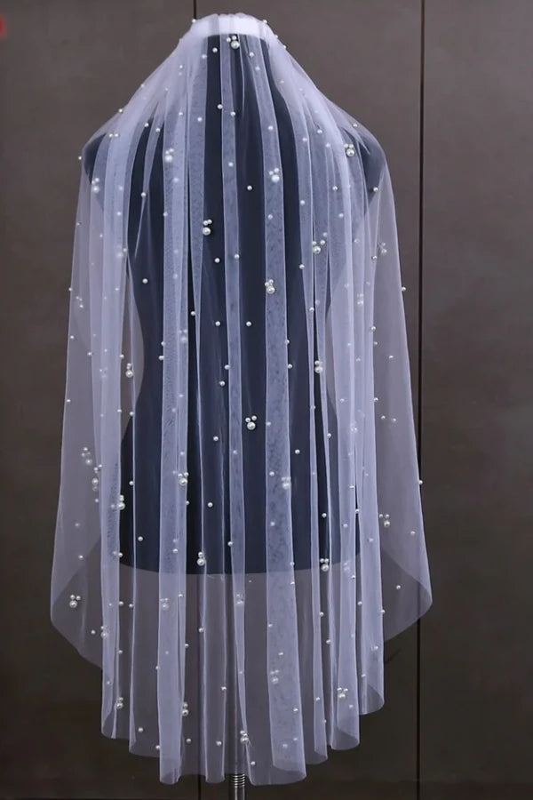 Back close-up of scattered pearl details on Milky Way Bridal Veil