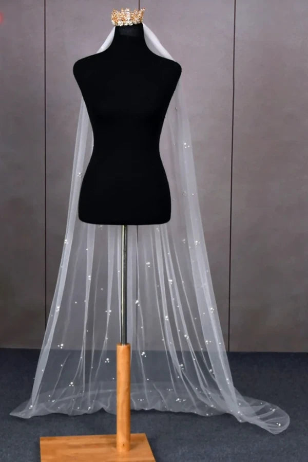 Milky Way Bridal Pearl Veil with scattered pearls on figurine