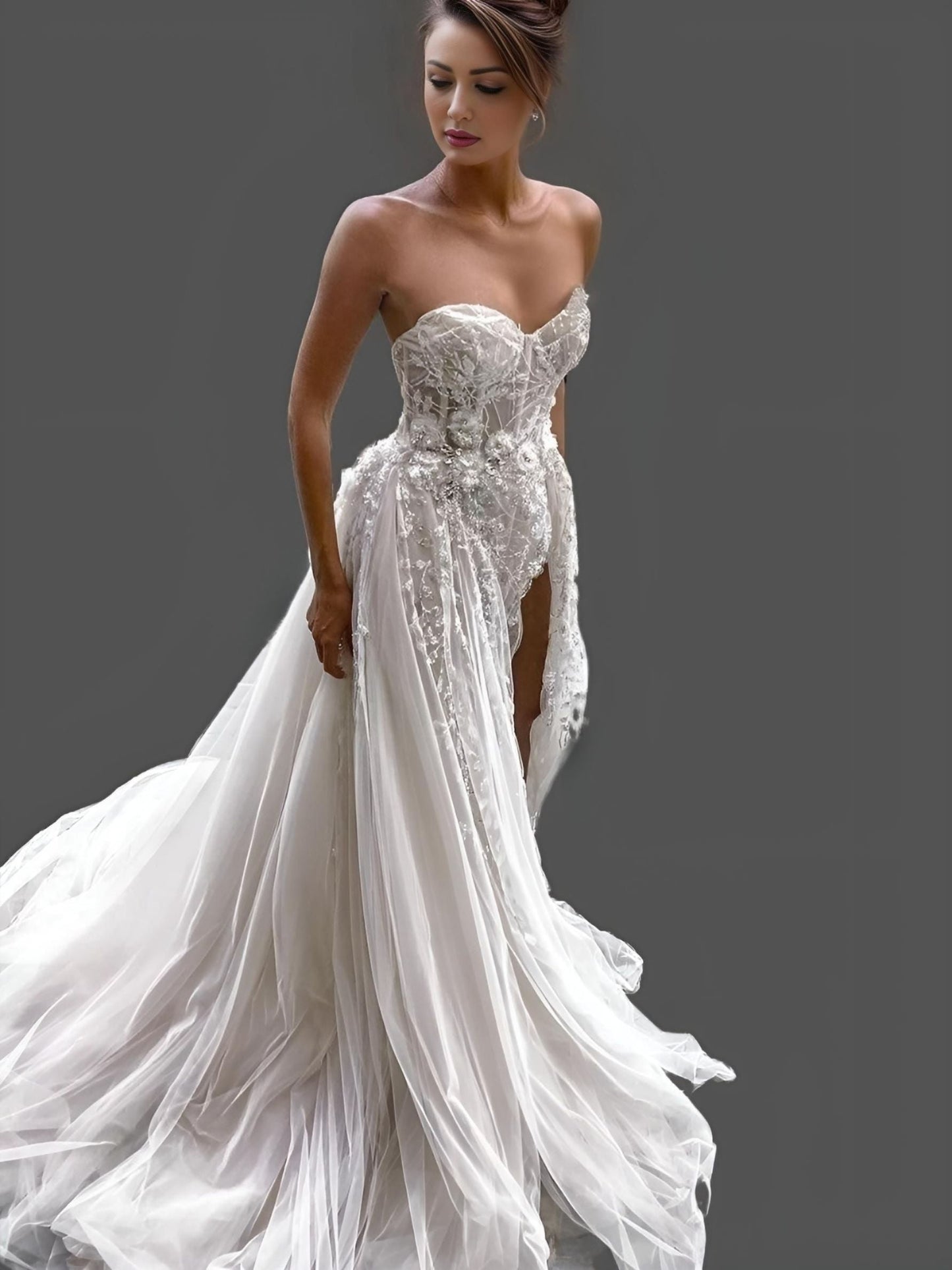 Side view of intricate lace and beadwork on MINA Wedding Dress