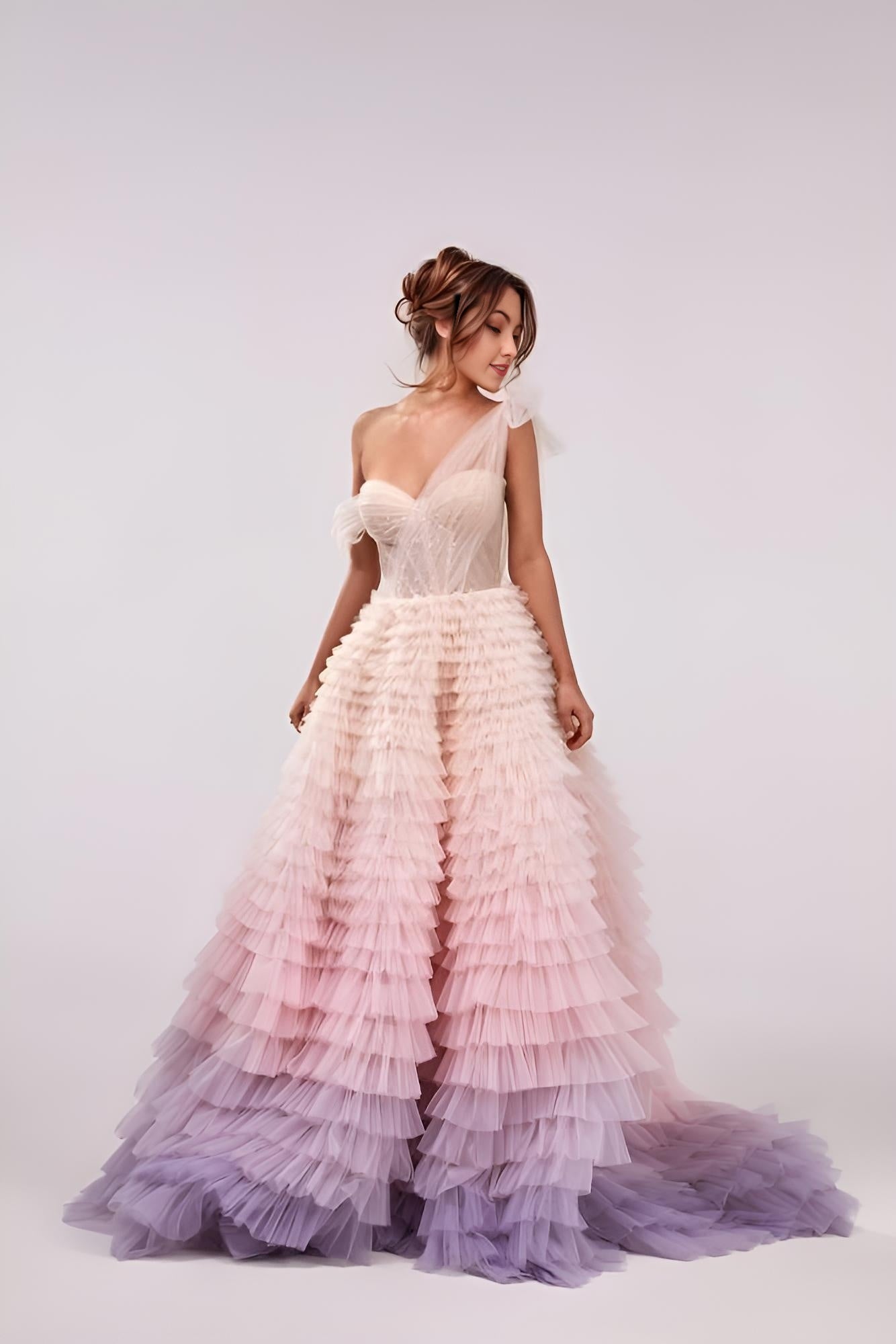 Full view of MINNIE Couture Gown highlighting color change in tiered layers and sparkle