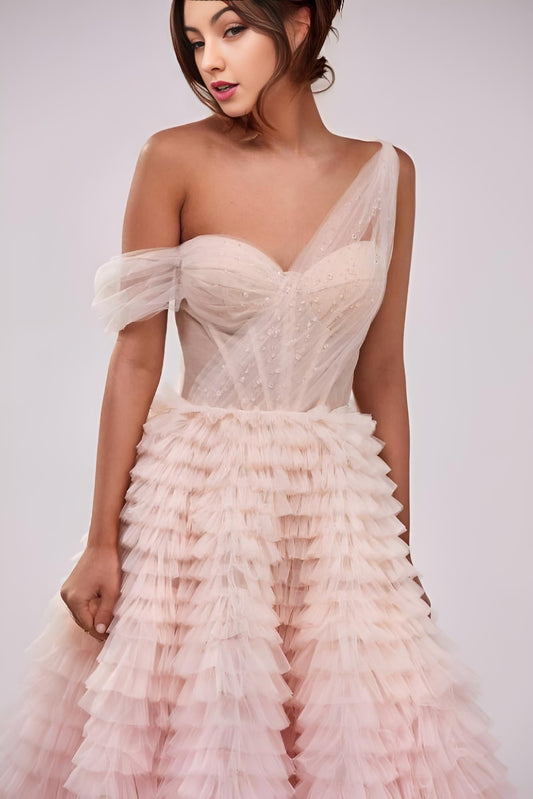 Close-up of pink beaded details bodice on the MINNIE Formal Dress