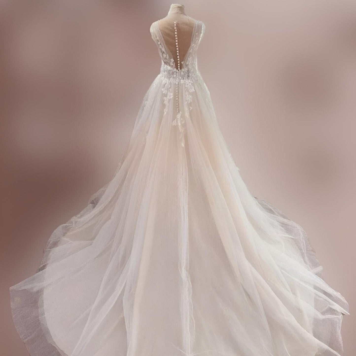 Back view of MIRIAM Boho Wedding Dress showcasing illusion backless design with buttons