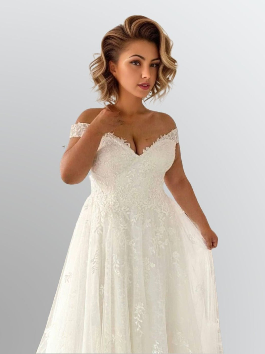 Close-up of lace appliques bodice on MOLLY Wedding Gown